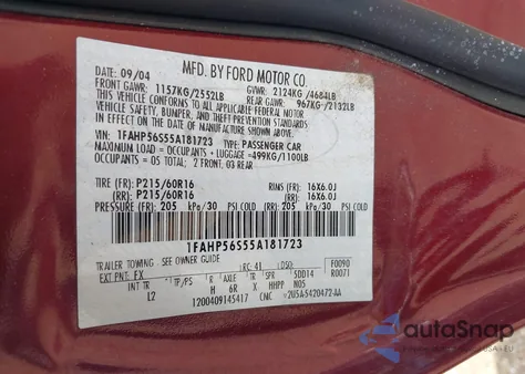 2005 Ford Taurus Sel from USA, damaged, VIN 1FAHP56S55A181723